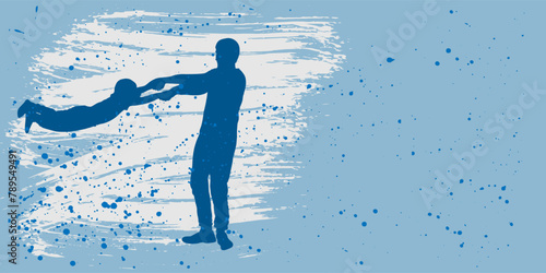 Silhouette of father circling his son on blue background with splashes.  Father's Day. Vector illustration