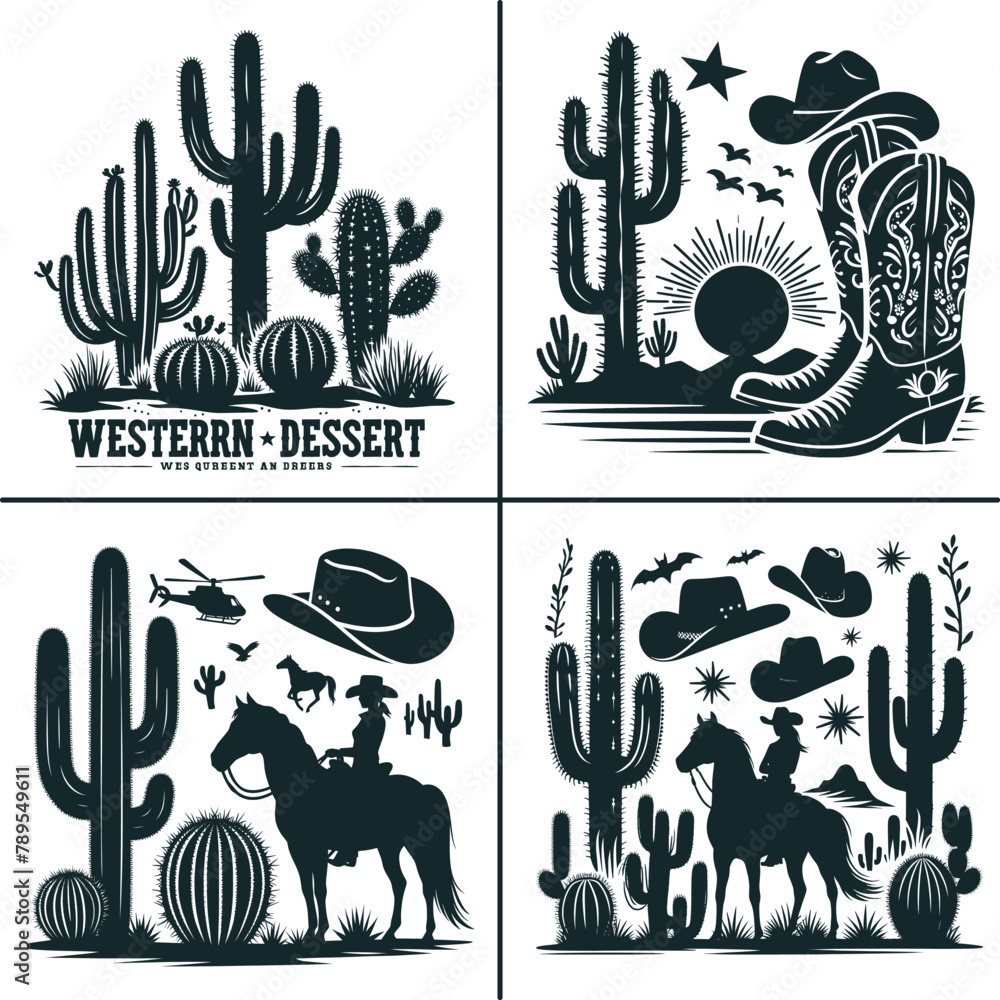 Obraz premium Western Desert Cactus Vector , Cowboy and Cowgirl Vector , Horse Vector