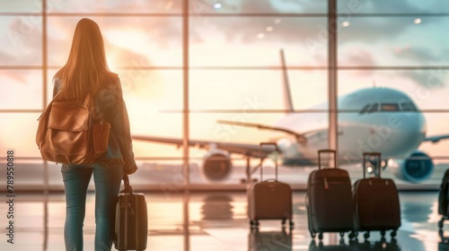 student woman at the airport is waiting for a plane, a travel ticket and documents for immigration, flight schedule. Travel, vacation, journey, trip