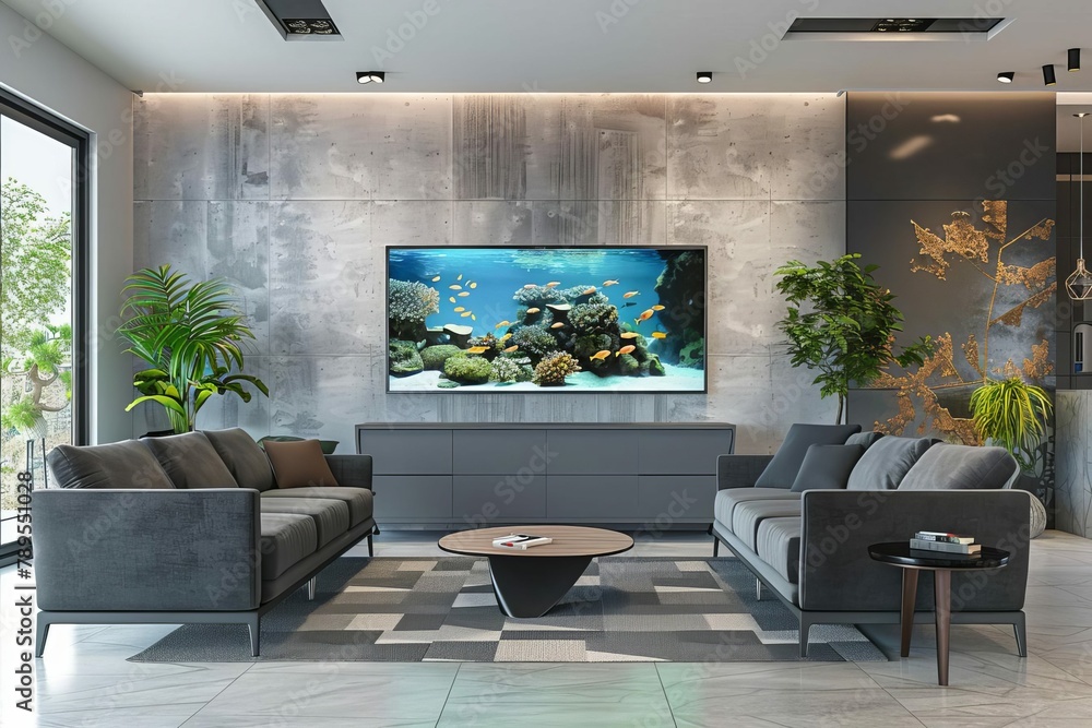 modern living room with aquarium and video conference setup interior 3d rendering - obrazy, fototapety, plakaty 