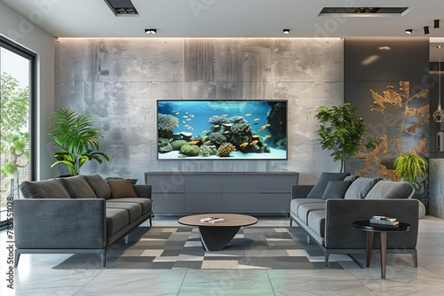 modern living room with aquarium and video conference setup interior 3d rendering