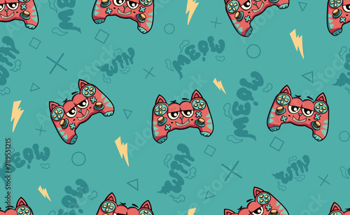 Monster gamepad seamless pattern with text MEOW. Cartoon kitten joystick repeat print. Game pad ornament on blue background with lightnings