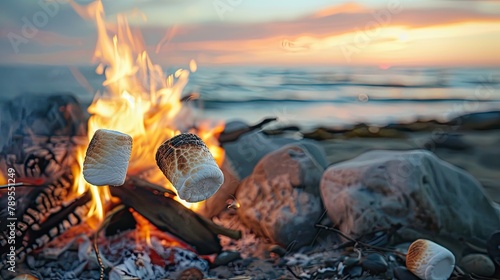 two golden marshmallows roasting on a beach bonfire. Dive into the campfire sweetness. © pvl0707