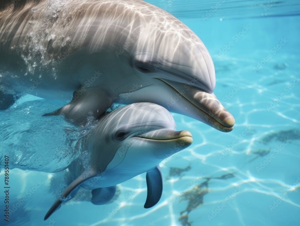 Mother and cute newborn baby dolphin,close up