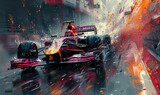formula race car driving on a wet road with high speed and splashes