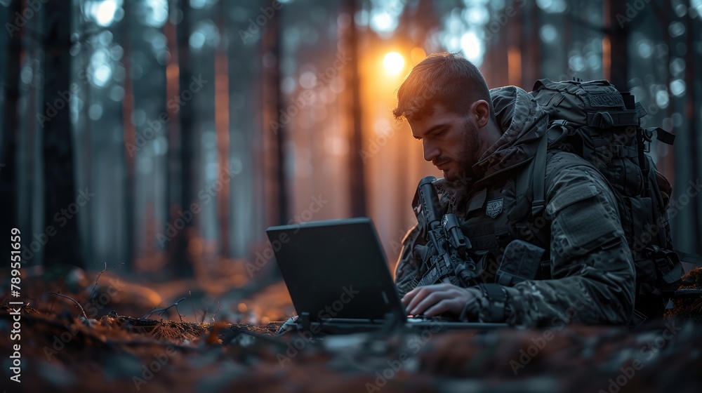 military soldier sitting at a laptop in the forest