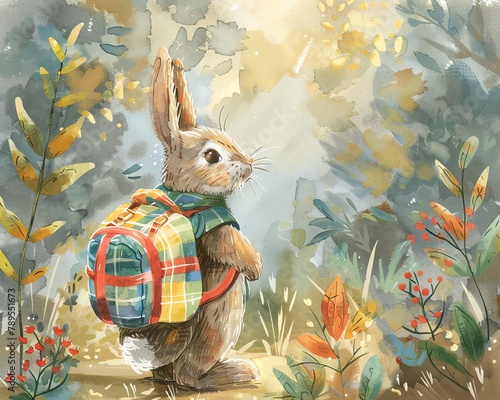 A charming watercolor scene of a rabbit with a colorful backpack, setting off on an adventure in a lush, enchanted forest