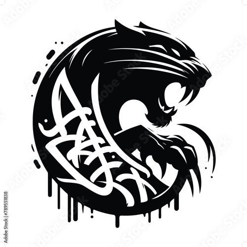 sabretooth silhouette, animal graffiti tag, hip hop, street art typography illustration.