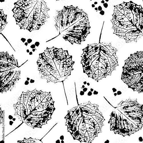 Seamless pattern with inky silhouettes of aspen leaves on a white background. For fabric, textile, wrapping paper, cover.