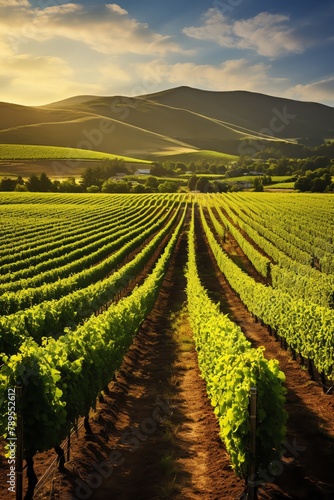 Sweeping view of a sunlit vineyard  rows of grapevines stretching into the distance  ideal for showcasing vineyard tours and the winemaking process