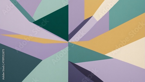 Abstract design of intersecting diagonal lines on a minimalist background with soft shadows  showcasing a range of lavender  emerald green  and mustard yellow hues.