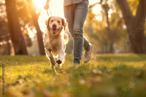 Cute golden retriever dog running with owner in sunny park. Pet-friendly lifestyle photo
