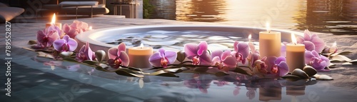 Luxurious spa retreat setting with a tranquil pool  floating flowers  and soft towels  designed for ultimate relaxation and peace