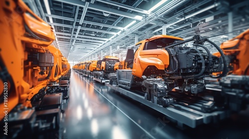 Multiple industrial robots assembling automotive parts efficiently in a car manufacturing plant, showcasing streamlined automation, with dynamic motion blur