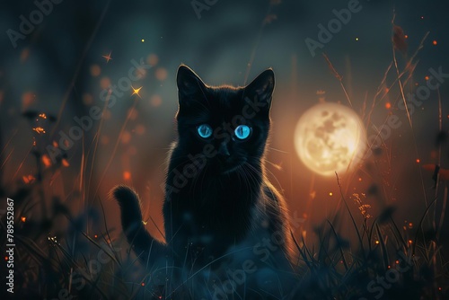 mysterious black cat with glowing blue eyes in moonlight fantasy digital art photo