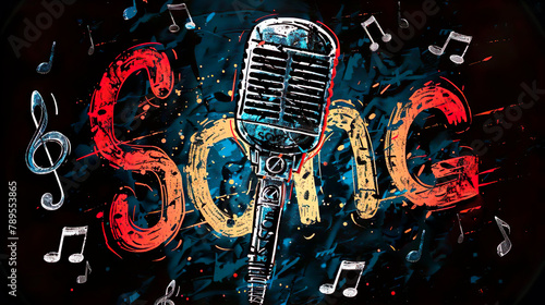 Letters song with microphone and notes on the background. Word text inscription. Music voice sound sing song recording concept.