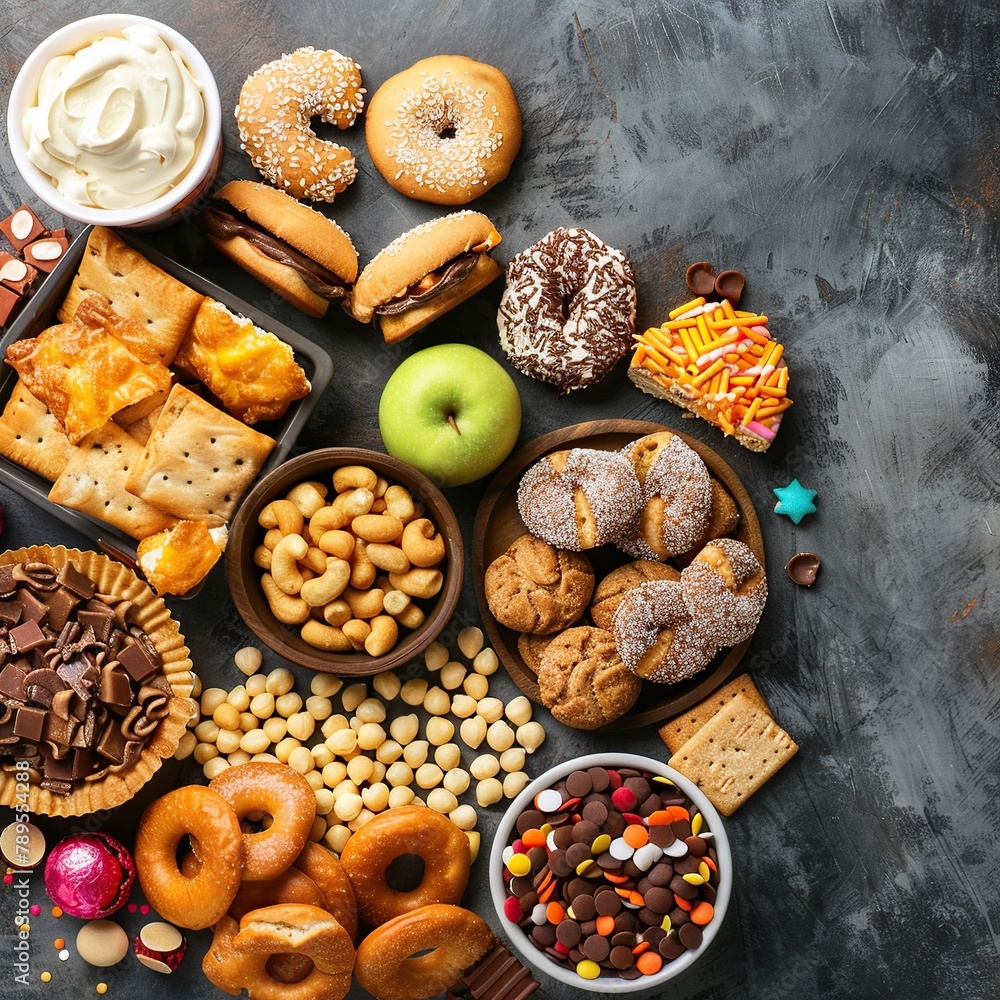 A variety of sweet and salty snacks are arranged on a dark background