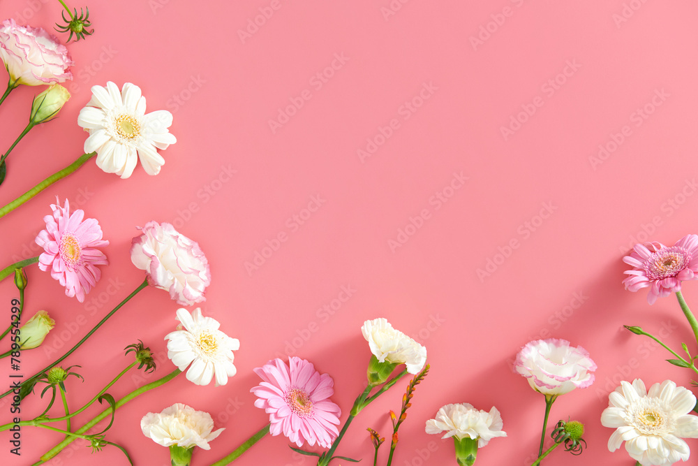 Different flowers on a pink background Different flowers on a pink background