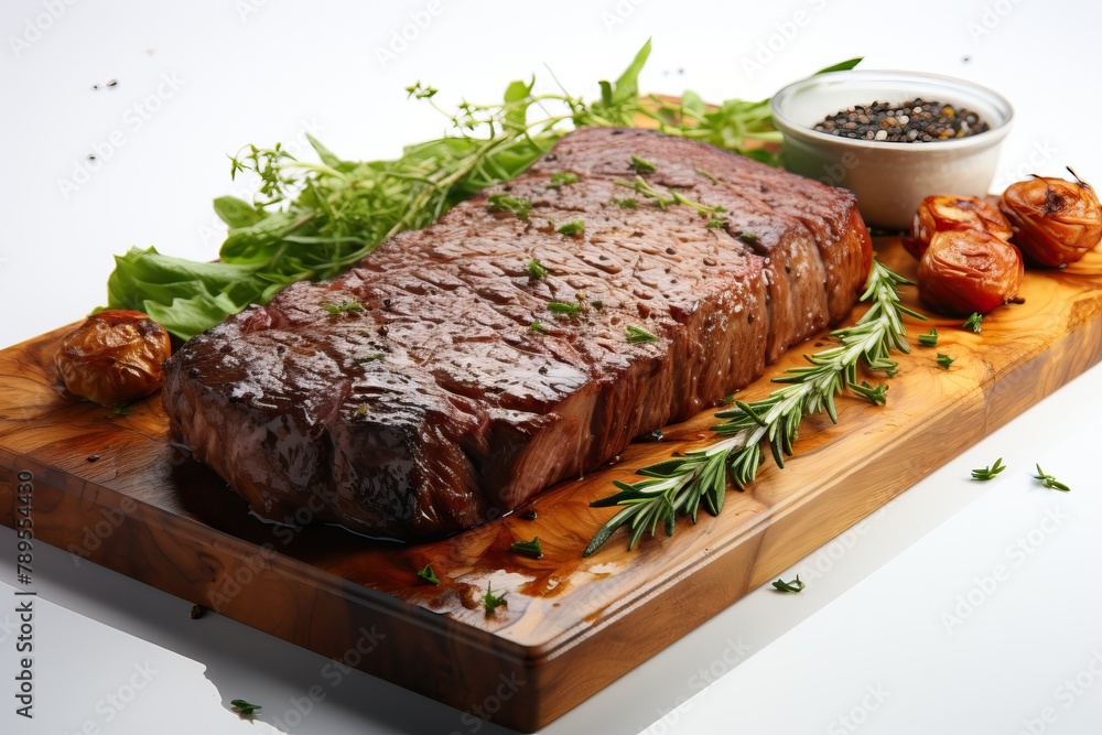 grilled large piece of beef on a barbecue and served on a wooden board grilled large piece of beef on a barbecue and served on a wooden board