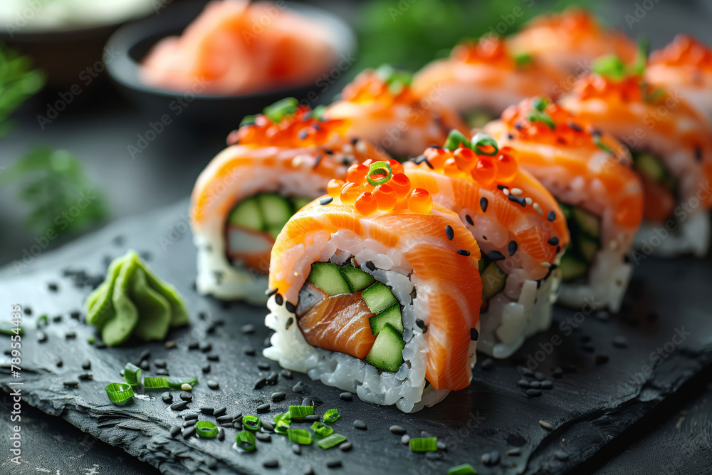 Delicate and Flavorful Salmon Sushi Embellished with Roe A Feast for the Senses Delicate and Flavorful Salmon Sushi Embellished with Roe A Feast for the Senses