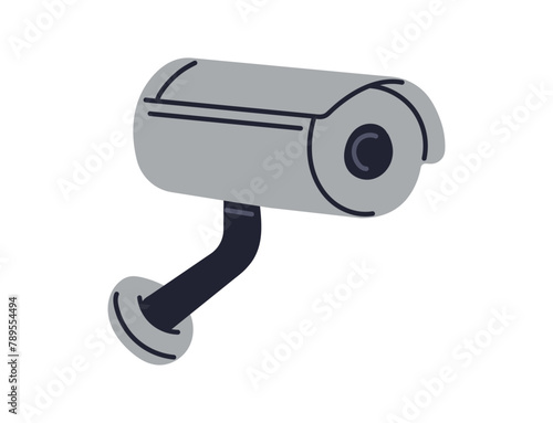 IP CCTV security camera, video surveillance camera, video monitoring, defocused home security camera, wall mounted camera for outdoor area safety and observation flat vector illustration.