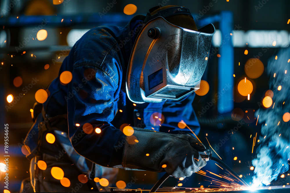 A worker employing a MIG/MAG welding technique on construction materials within a manufacturing setting A worker employing a MIG/MAG welding technique on construction materials within a manufacturing setting
