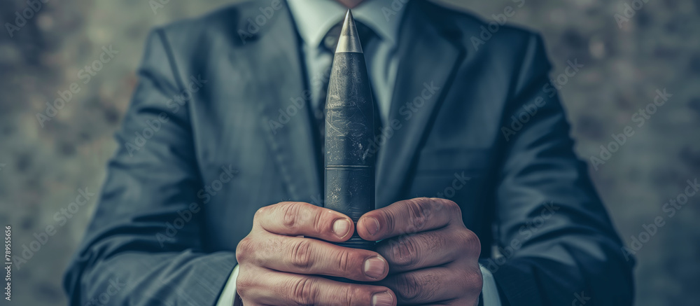 Ominous Image of Politician Gripping a Missile Warhead - obrazy, fototapety, plakaty 