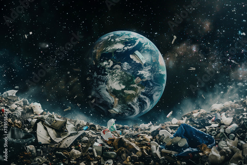 The earth is in the trash. View from space