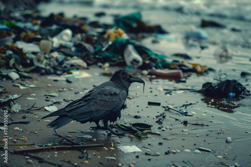 A bird on a littered beach