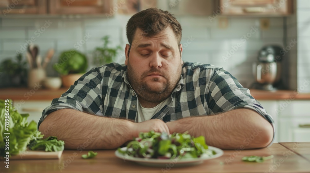 Fototapeta premium Unhappy Man Frowning at Healthy Salad Meal in Kitchen. Concept of negative consequences of a strict diet. Generative ai