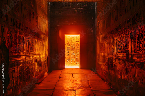 Scene of a hallway leading to blazing walls covered in Egyptian hieroglyphs at the Temple of Edfu in Aswan, Egypt. photo