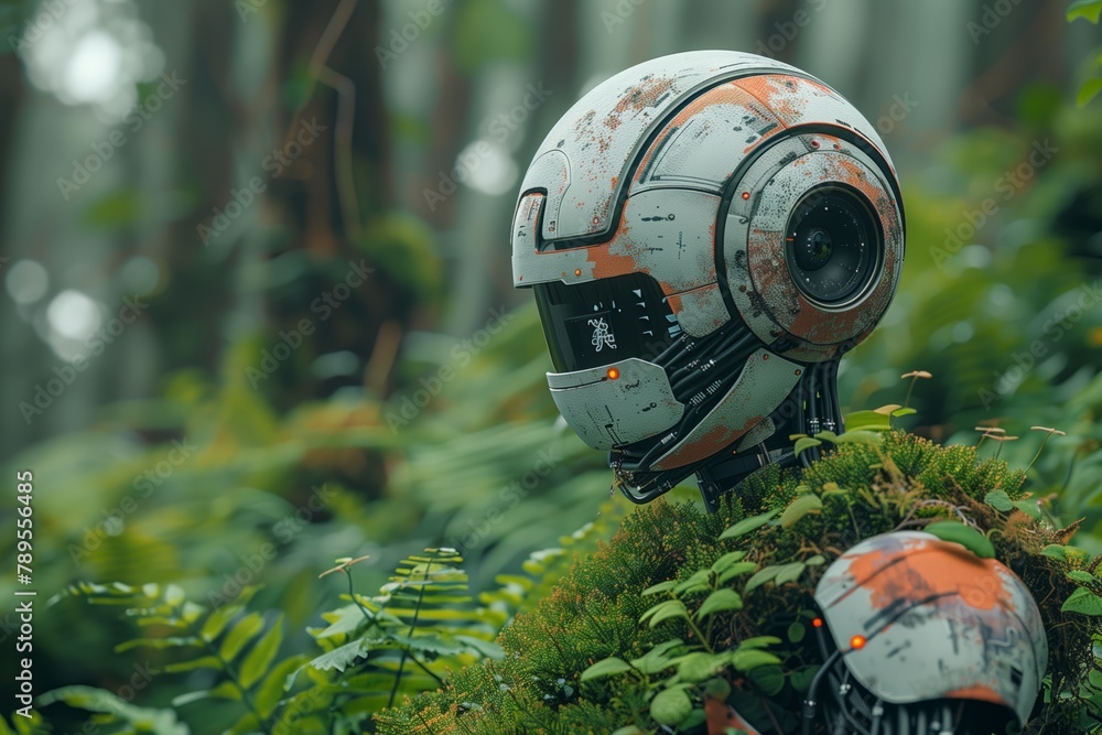 Rusted robot head amidst green foliage Rusted robot head amidst green foliage