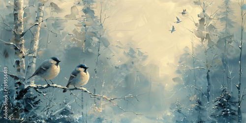 A painting of several birds perched on the branches and trunk Generative AI
 photo