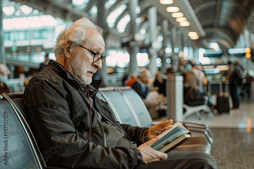 An older man engrossed in reading a book while waiting at an airport, portraying a serene pre-travel moment photo