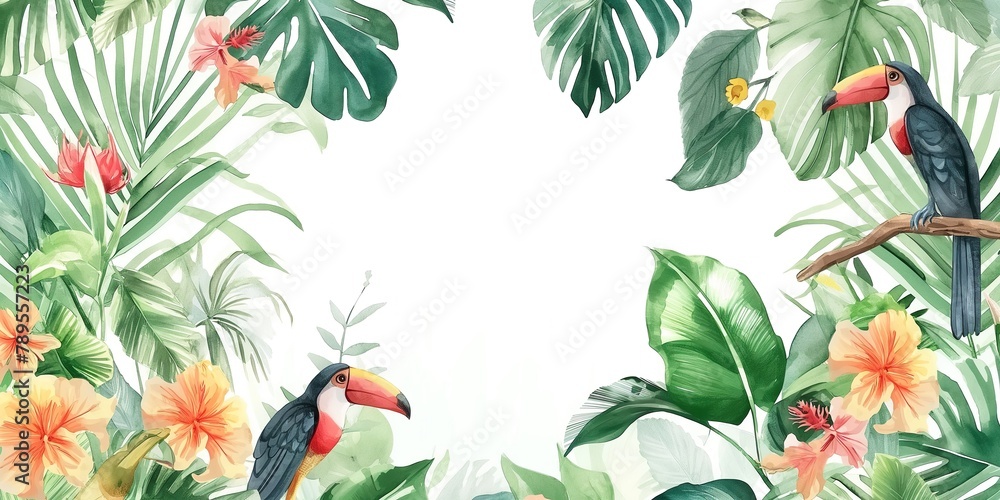 A vibrant watercolor painting depicting lush tropical plants and colorful birds in a stunning jungle landscape. - obrazy, fototapety, plakaty 