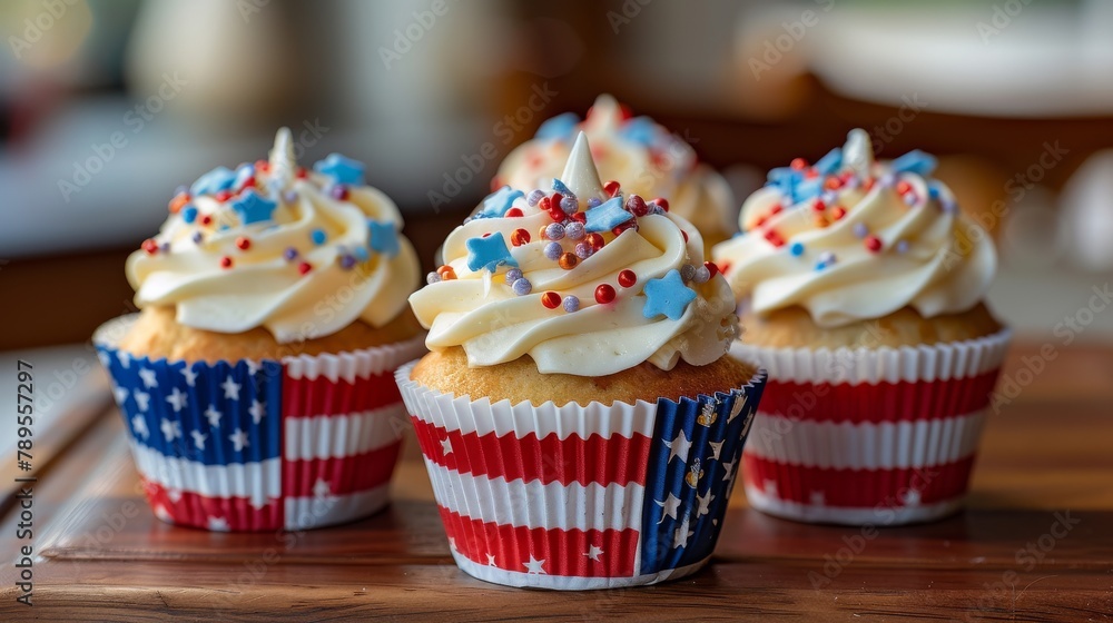 Patriotic Themed Cupcakes with Stars and Stripes Decorations for Celebrations fourth of July. Veterans Day, Memorial Day, Fourth of July Food Concept. Generative ai.