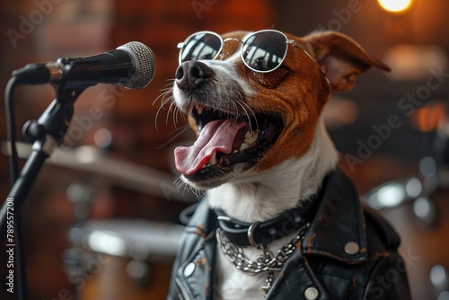 A dog dressed in rocker attire with sunglasses and a chain poses with a microphone, suggesting it is ready to perform photo