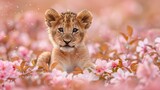 A background with a lion cub playing in the falling petals of the apple blossom. Charming scene of cute little lion dazzled by apple blossoms in the late afternoon.