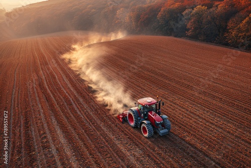 A powerful red tractor plowing a field  kicking up dust with a dense forest in the background enveloped in the warm glow of sunset