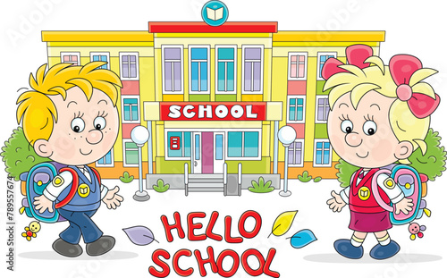 Greeting card with happy little schoolboy and schoolgirl with schoolbags going to their pretty school fro start of classes, vector cartoon illustration on a white background
