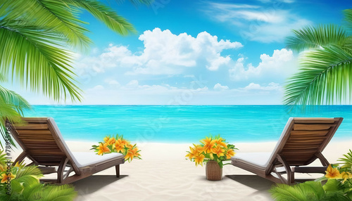Beautiful tropical beach with white sand and two sun loungers on background of turquoise ocean and blue sky with clouds. Frame of palm leaves and flowers. Perfect landscape for relaxing vacation. © Alamin