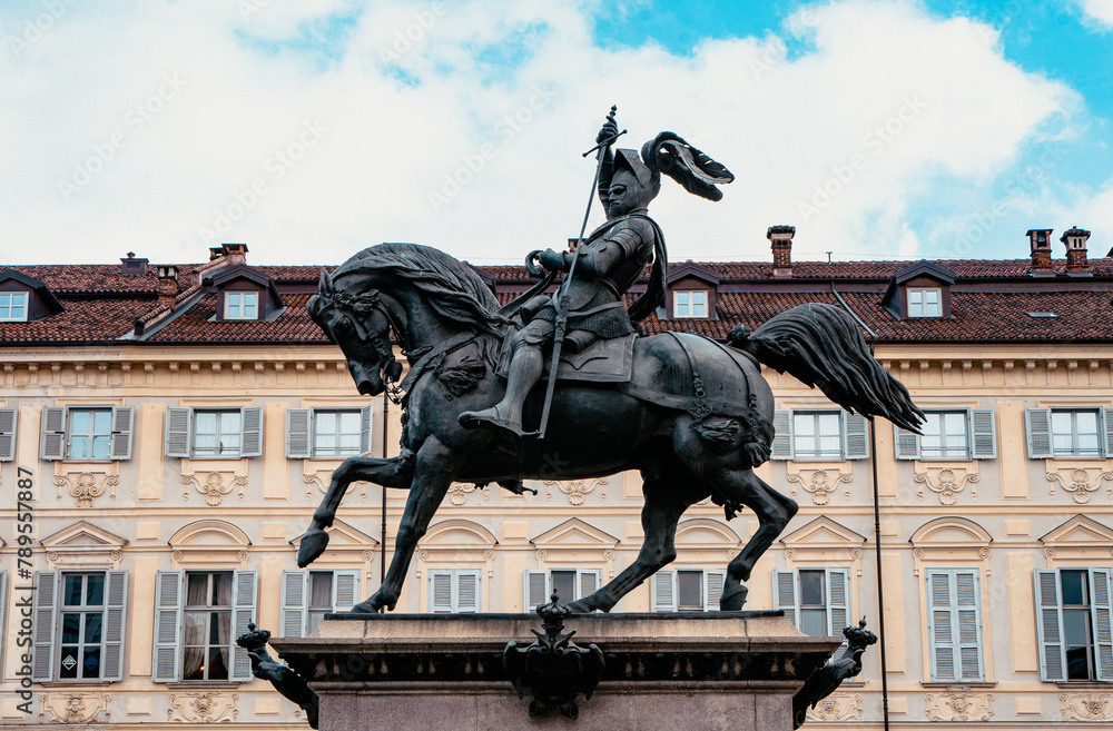 Famous statue in downtown Turin with blue sky