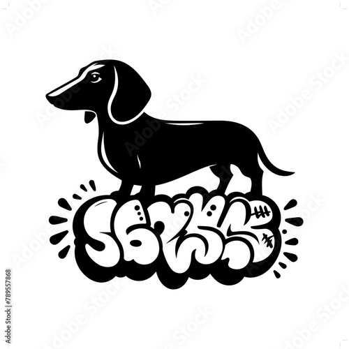 Dachshund dog silhouette, animal graffiti tag, hip hop, street art typography illustration.
