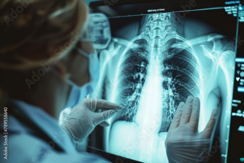 Two healthcare workers examining a digital lung X-ray, discussing the radiographic image photo