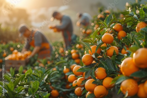 A vibrant and warm scene of farmworkers diligently picking ripe oranges in a sunlit grove photo