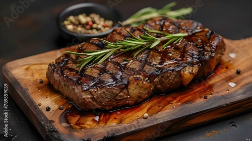 Succulent Grilled Steak with Rosemary and Spices. Concept Grilled Steak, Succulent Taste, Rosemary Seasoning, Spices, Cooking Technique
