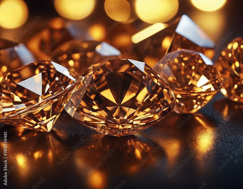 Several diamonds arranged neatly on a table, reflecting light Several diamonds arranged neatly on a table, reflecting light
