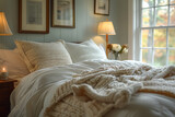 cozy bedroom interior with soft lighting, comfortable bed and autumn view from the window