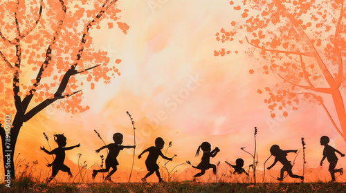 Silhouette of playful children dancing under cherry blossom trees at sunset