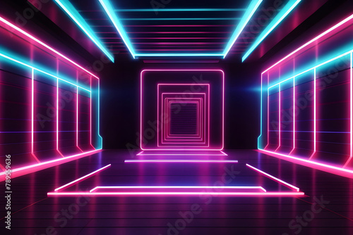 Abstract neon light geometric background. Glowing neon lines design. Empty futuristic stage laser. Colorful rectangular laser lines. Square tunnel. Night club empty room. Laser show design